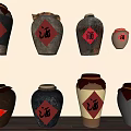 Traditional Ceramic Vessels With Red Wine Labels Displayed On Wall And Shelf