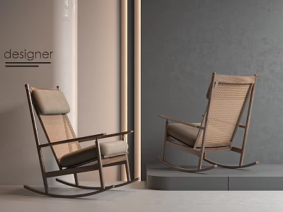 Modern Designer Rocking Chairs With Wooden Frame Woven Seats And Gray Cushions 3d model