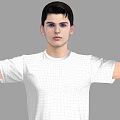 Man in White T-Shirt and Blue Jeans Standing with Arms Outstretched on Gray Background