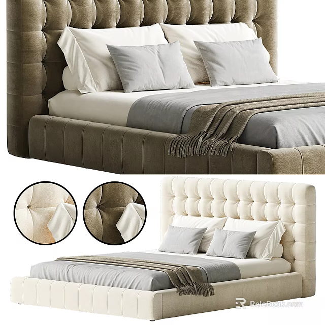 Double Bed Design With Tufted Upholstered Headboard Neutral Tones Decorative Pillows And Blanket 3d model 