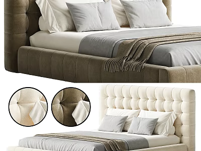 Double Bed Design With Tufted Upholstered Headboard Neutral Tones Decorative Pillows And Blanket 3d model