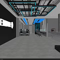 Modern Gaming Internet Cafe With Blue Lighting Comfortable Seats And Computer Desks