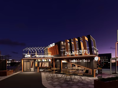 Modern Bubble Tea Shop Exterior With Outdoor Seating Night View And Wooden Accents Lighting 3d model