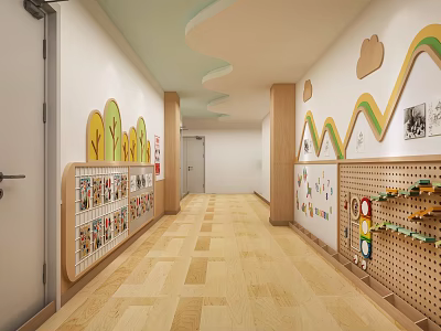 Kindergarten Corridor With Wooden Flooring Leaf Wave Shaped Wall Decor And Children Art Display Boards 3d model