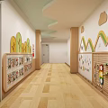 Kindergarten Corridor With Wooden Flooring Leaf Wave Shaped Wall Decor And Children Art Display Boards
