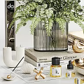 Decorative Ornament Set With Green Plants Striped Glass Vase Lamp Books Bird Figurine And Candles