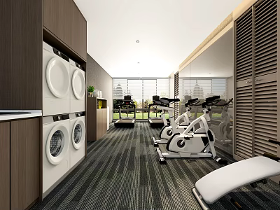 Modern Home Gym With Natural Light Fitness Equipment Spin Bikes And Laundry Units 3d model