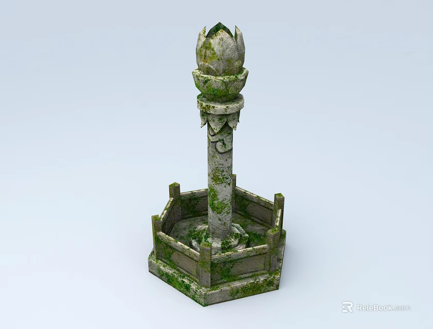 Vintage Style Floor Lamp With Lotus Top Stone Pillar And Hexagonal Moss Covered Base 3d model 