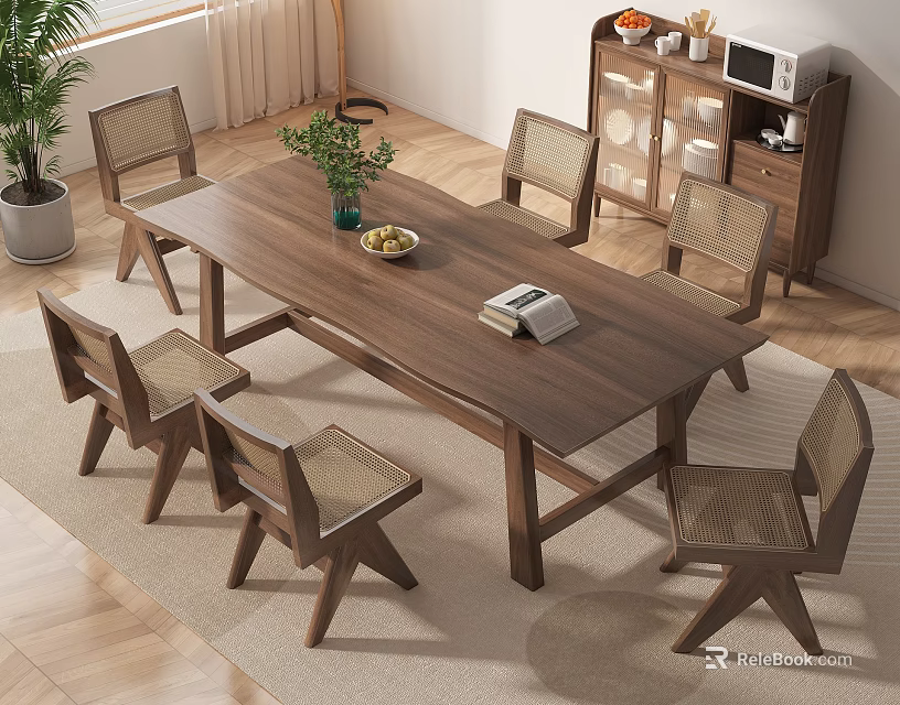 Wooden Dining Table Set With Six Rattan Back Chairs And Potted Plant Fruit Bowl Book 3d model 