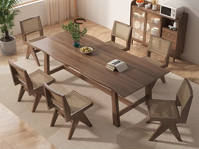 Wooden Dining Table Set With Six Rattan Back Chairs And Potted Plant Fruit Bowl Book 3d model