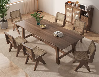 Wooden Dining Table Set With Six Rattan Back Chairs And Potted Plant Fruit Bowl Book 3d model