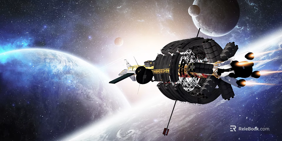 Cartoon Space Scene Featuring Orbiting Space Station And Planets In Galaxy 3d model 