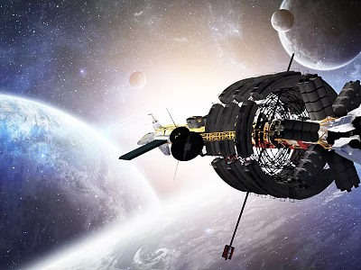 Cartoon Space Scene Featuring Orbiting Space Station And Planets In Galaxy 3d model