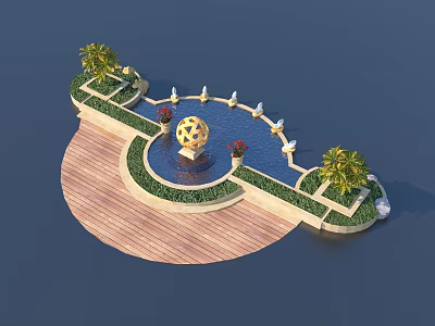 Decorative Garden Ornament with Wooden Platform Blue Pool Golden Sphere Palm Trees and Red Flowers 3d model
