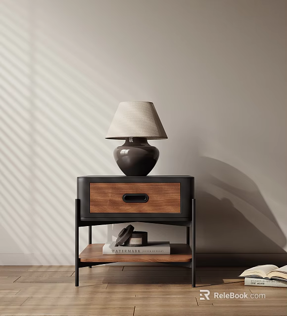 Modern Side Table Design With Wooden Drawer Panel And Metal Frame Featuring Table Lamp 3d model 