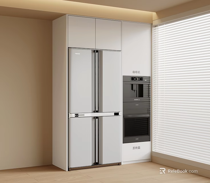 Modern Kitchen With White Cabinets Double Door Refrigerator Built-in Oven And Blinds 3d model 