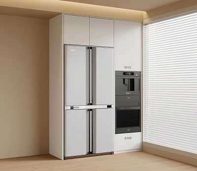 Modern Kitchen With White Cabinets Double Door Refrigerator Built-in Oven And Blinds 3d model