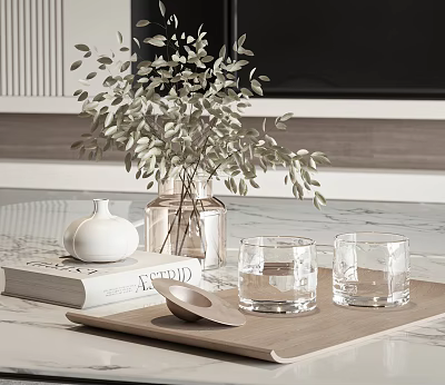 Decorative Ornament Set on Marble Countertop with Wooden Tray Glassware White Vase Greenery and Book 3d model