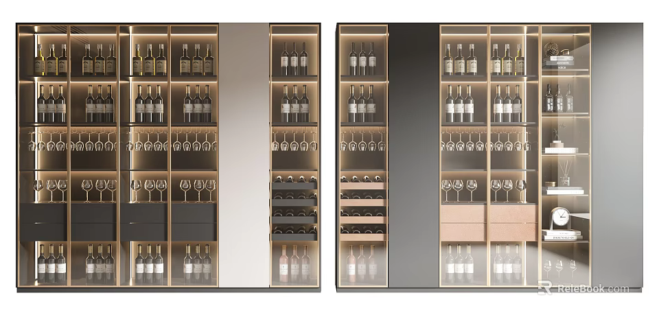 Modern Wine Cabinet Design With Glass Doors Bottles And Wine Glass Storage 3d model 