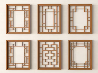 Six Square Wooden Lattice Windows With Intricate Geometric Patterns On Light Wall 3d model