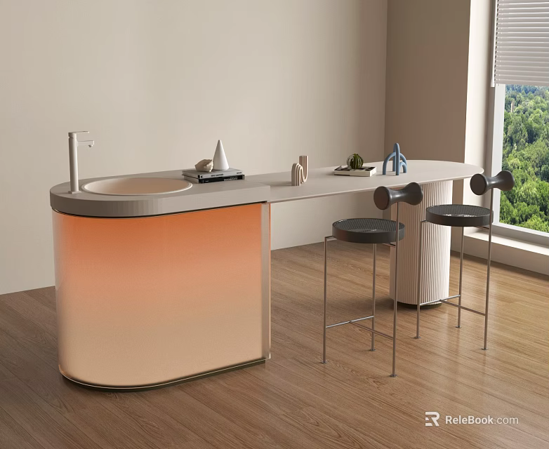 Modern Bar With Orange Gradient Countertop Black Bar Stools Wooden Floor Green View By Window 3d model 