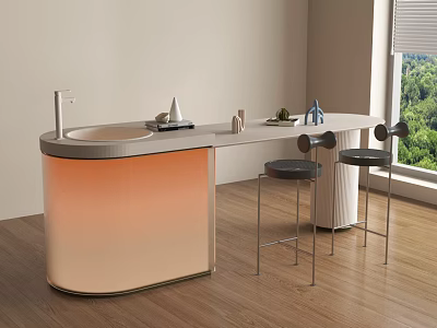 Modern Bar With Orange Gradient Countertop Black Bar Stools Wooden Floor Green View By Window 3d model