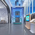 Futuristic High Tech Interior With Blue Lighting Geometric Ceiling And Control Desk