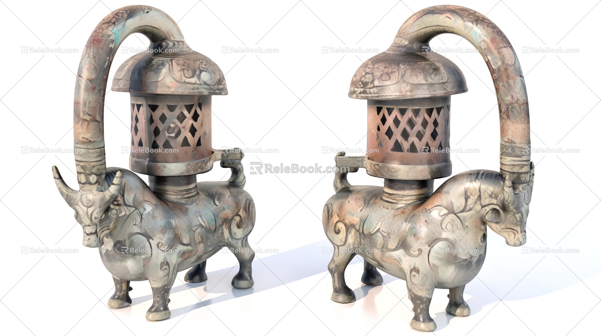 Han Dynasty Wrong Silver Bronze Ox Lamp Relics 3d model