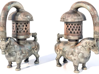 Ox And Horse Shaped Antique Sculpture Carvings With Lantern Tops And Intricate Metal Designs 3d model