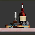 Decorative Tray Setup With Red Cap Bottle Candle Brown Pipes And Colorful Books