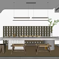 Minimalist Tea Room Interior With Wooden Table Stools Grid Wall Hanging Lights And Green Plant