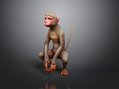 Squatting Monkey With Red Face Detailed Fur And Tail 3D Rendered On Gray Background 3d model