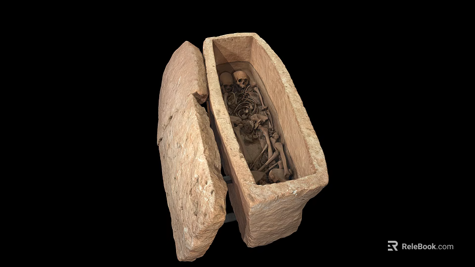 Ancient Open Stone Sarcophagus Containing Human Skeleton Remains Inside 3d model 