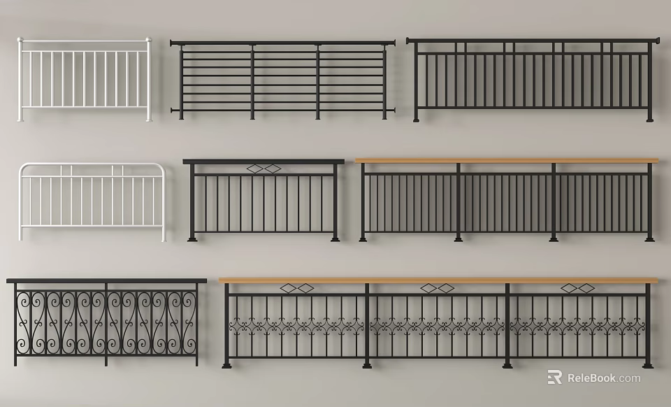 Various Decorative Railing Designs With Metal Structures And Black White Colors 3d model 