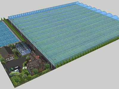 Scenic View of Large Greenhouse Structure With Adjacent Water Pool Small Buildings and Green Plants 3d model