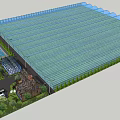 Scenic View of Large Greenhouse Structure With Adjacent Water Pool Small Buildings and Green Plants