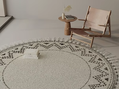 Round Rug With Neutral Geometric Pattern And Fringed Edges Near Wooden Chair And Side Table 3d model