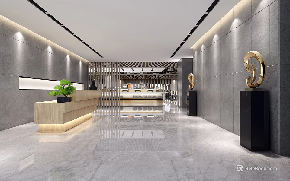 Elegant Modern Restaurant Interior Design With Reception Counter Green Plants Gray Walls And Marble Floor 3d model 