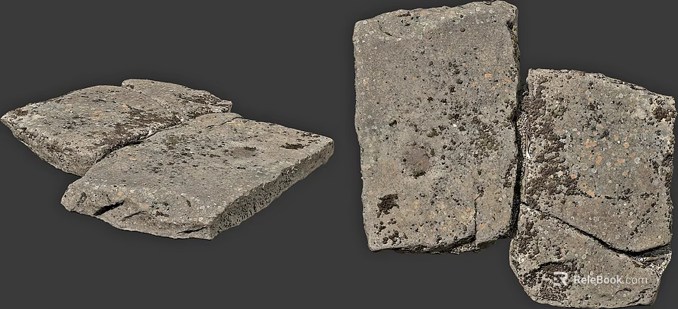 Natural Stone Slabs And Wood Pieces With Rough Texture And Mossy Spots For Decorative Use 3d model 