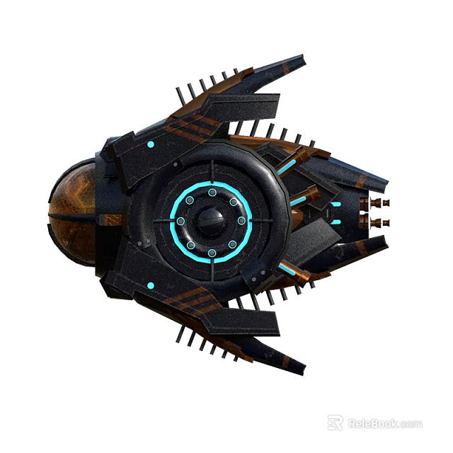 Black And Brown Fighter Jet With Blue Glow Ring And Protruding Structures 3d model 