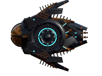 Black And Brown Fighter Jet With Blue Glow Ring And Protruding Structures 3d model