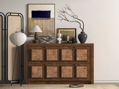Wooden Entryway Side Cabinet With Vase Lamp Branch Ornament And Decorations 3d model