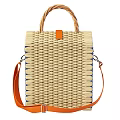 Natural Wicker Basket Bag With Leather Handles And Blue Trim Design