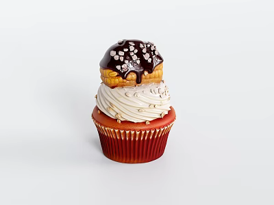 Delicious Red Cupcake With White Frosting Gold Sprinkles And Chocolate Topping 3d model