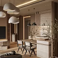 Modern Warm Wood Toned Living And Dining Room With Cozy Furnishings And Soft Ambient Lighting