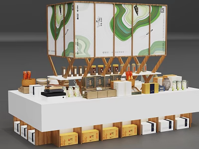 Modern Wooden Display Shelf Design Featuring Decorative Panel And Various Products For Retail 3d model