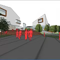 Modern Commercial Street With Pedestrians Covered Walkway Wooden Structures And Glass Facades