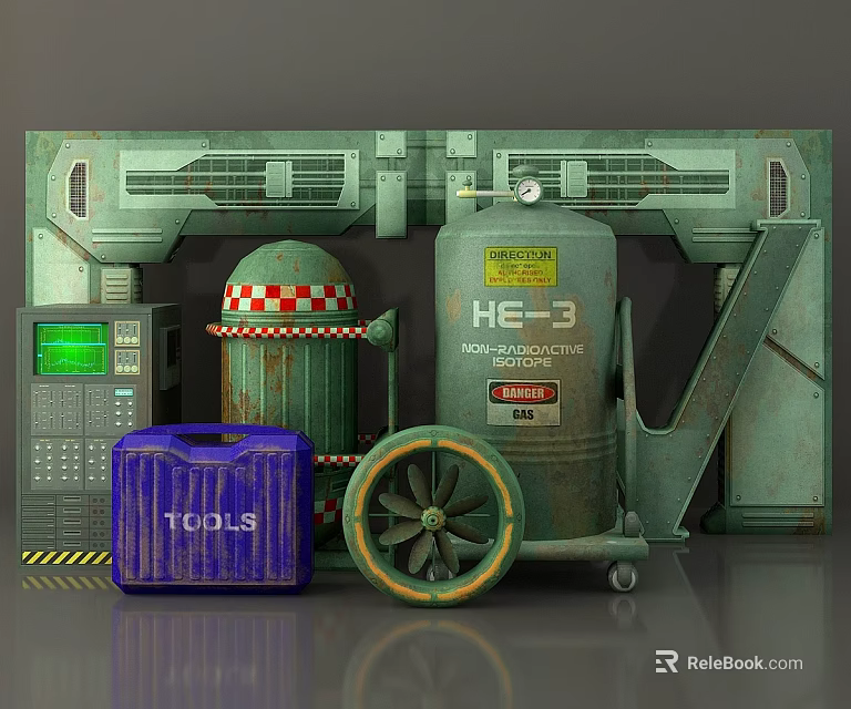 Sci Fi Weapon Equipment Featuring HE3 Magnetic Container Blue Tools Case And Green Wheeled Container 3d model 
