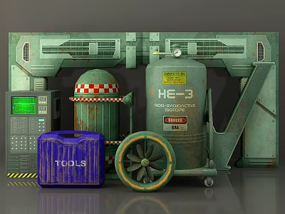 Sci Fi Weapon Equipment Featuring HE3 Magnetic Container Blue Tools Case And Green Wheeled Container 3d model
