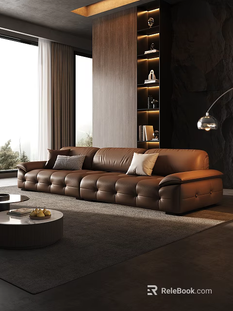 Modern Brown Leather Three Seater Sofa with Plush Pillows Scenic Window View Coffee Table Rug 3d model 